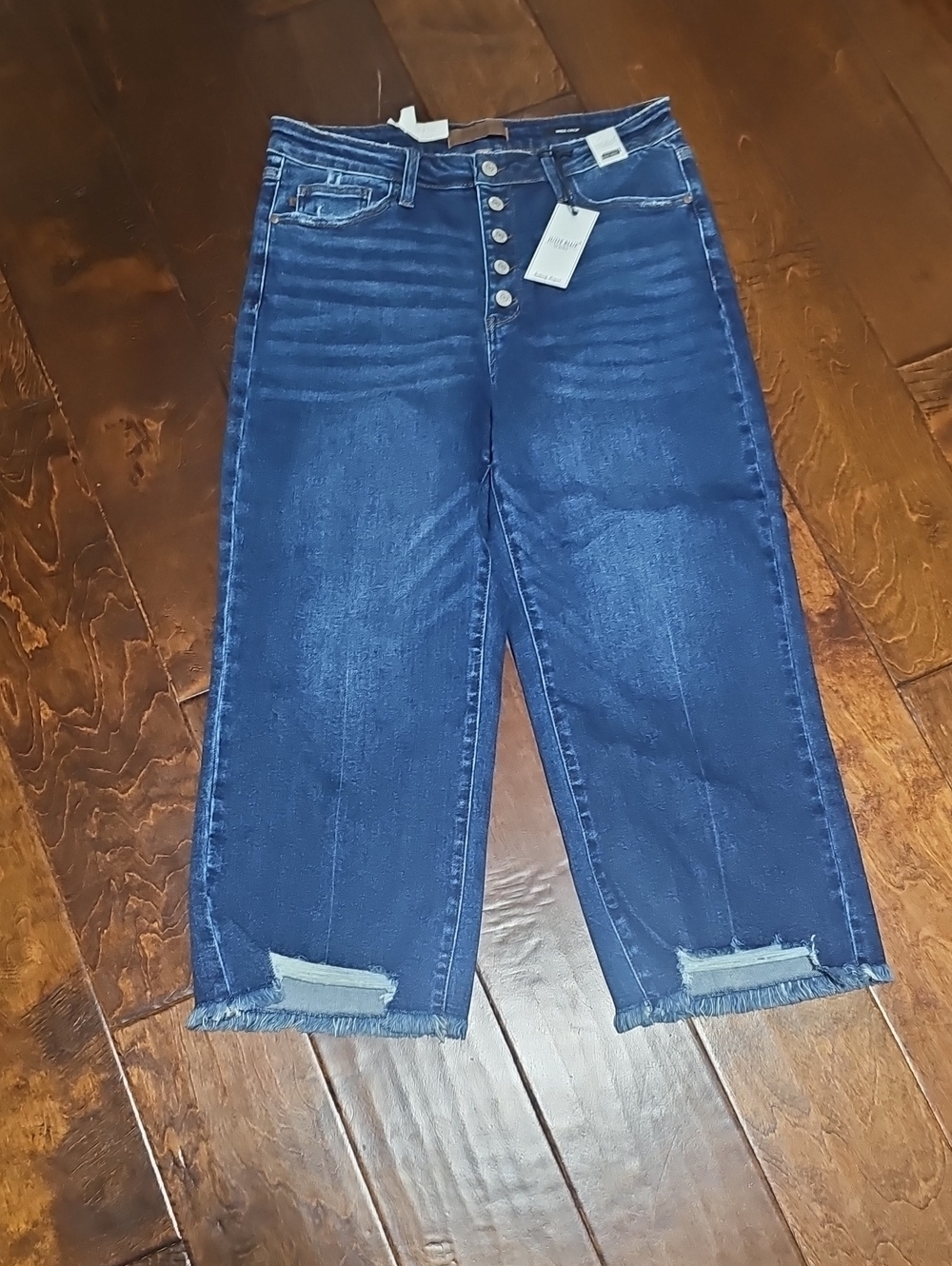 Judy Blue Sz 15/32 Dark Blue High-Rise Button-Fly Crop Jeans with Raw Hem